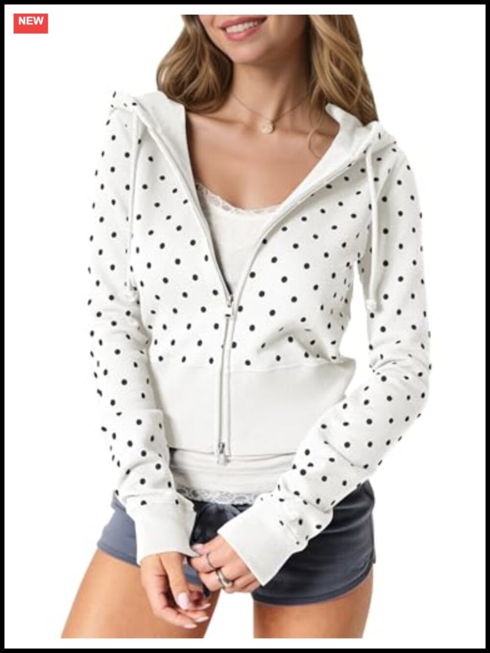 Womens Polka Dot Zip Up Hoodie Cropped Fleece Sweatshirt Y2K Fall